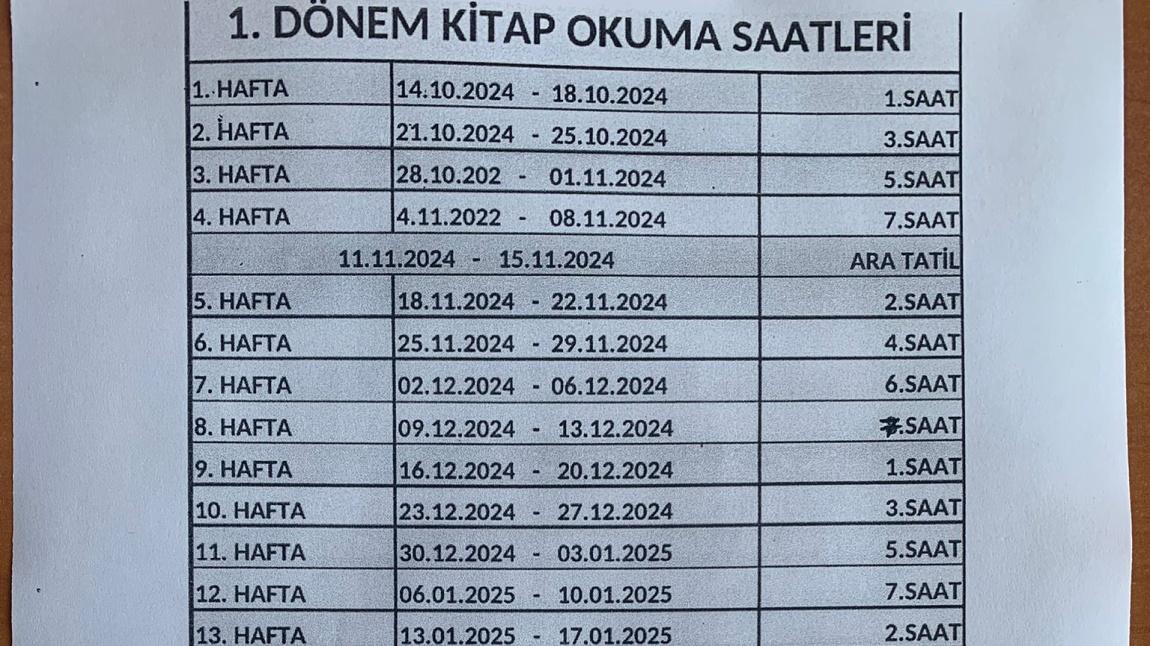 2024-2025 EĞİTİM ÖĞRETİM YILI KİTAPOKUMA SAATLERİ